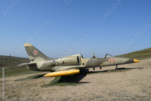 Monument of fighter aircraft near the Cossack village Ataman. Military hardware as a museum exhibit available for viewing. Open-air museum.