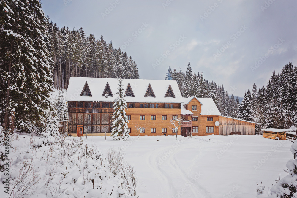 wooden houses on austrian mountains at winter