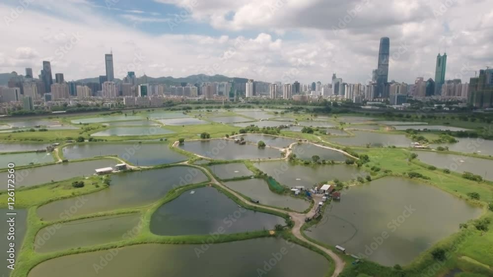 Rural Hong Kong and Shenzhen skyline aerial view