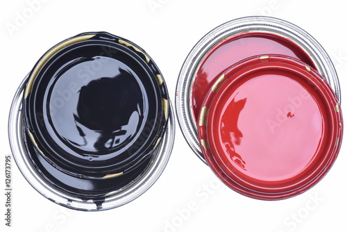 Cans of Red and Black Paint Top View Isolated on White Background