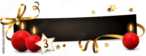 Dritter Advent - Schild mit drei Kerzen, goldener Schleife und Stern Dekoration 
