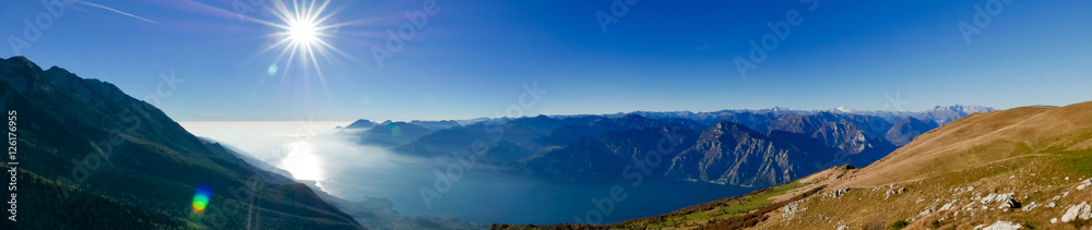 Beautiful wide panorama of alpine lake in Italy