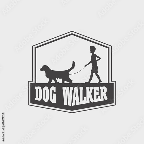 Pet shop or store logo, label or badge concept. Dog walker silhouette of dog golden retriever and boy or young man