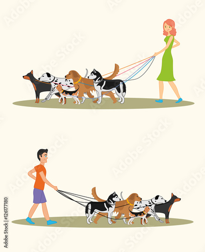 Set of illustration with a man and a woman walking many dogs