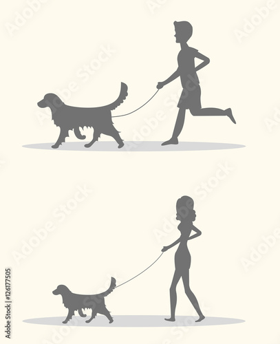 Silhouettes of men and women walking the dogs. Set of vector illustration