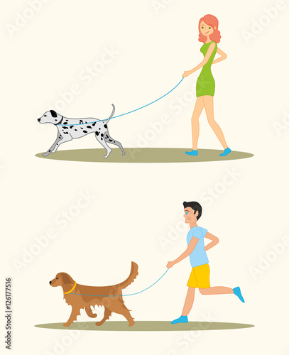 Men and women in casual clothes walking the dogs of different breeds, active people, leisure time. Man with Golden retriever and woman with dalmatian dog breeds. Set of vector illustration