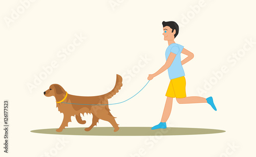 Men walking the dog golden retriever breed. Vector illustration isolated on white background