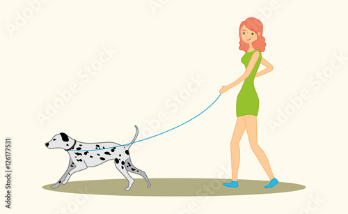 Women walking the dog dalmatian breed. Vector illustration isolated on white background