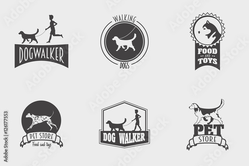 Set of vector pet shop or store, dog walker logos, badges and labels design templates.