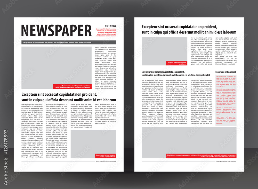 Vector empty newspaper print template design with red and black elements