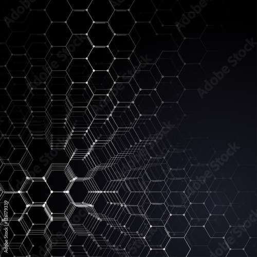 Chemistry 3D pattern, hexagonal molecule structure on black, scientific medical research. Medicine, science and technology concept. Motion design. Geometric abstract background. photo