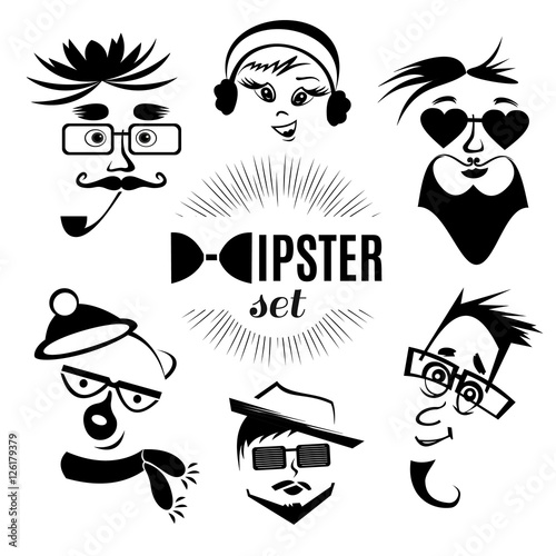 Hipster character faces avatars isolated on white background. Vintage Hipsters style monochrome set. Different faces collection for your funny design. Vector illustration