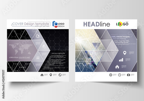 Templates for square design brochure, magazine, flyer, report. Leaflet cover, easy editable vector layout. Chemistry pattern, hexagonal molecule structure. Medicine, science and technology concept.