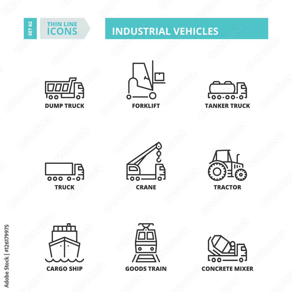 Fototapeta premium Thin line icons. Industrial vehicles