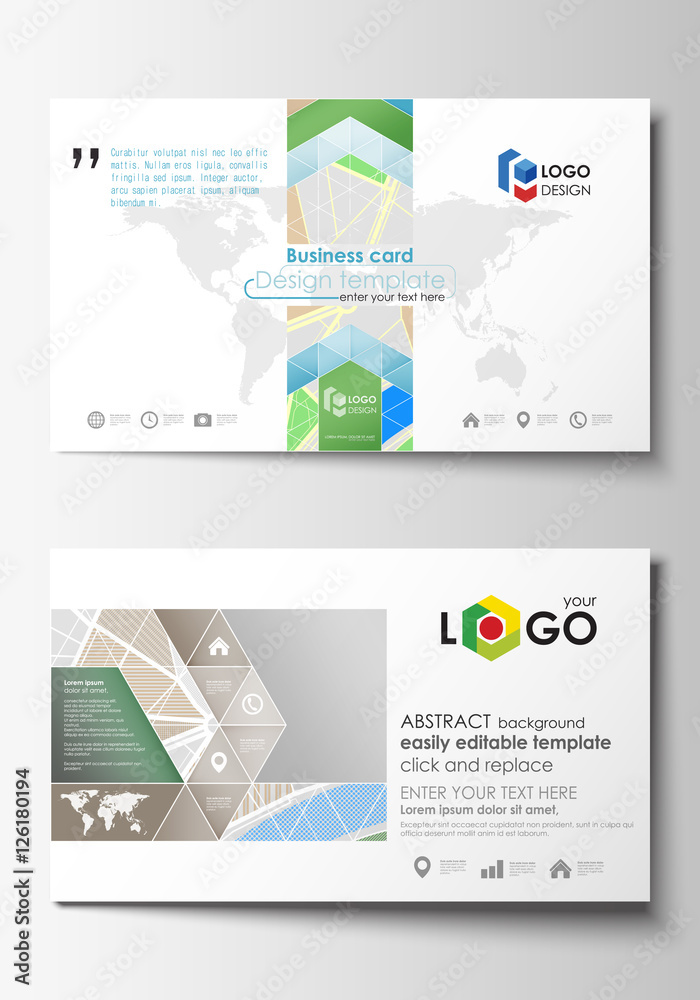 Business card templates. Easy editable layout. City map with streets. Flat design template for tourism businesses, abstract vector illustration.