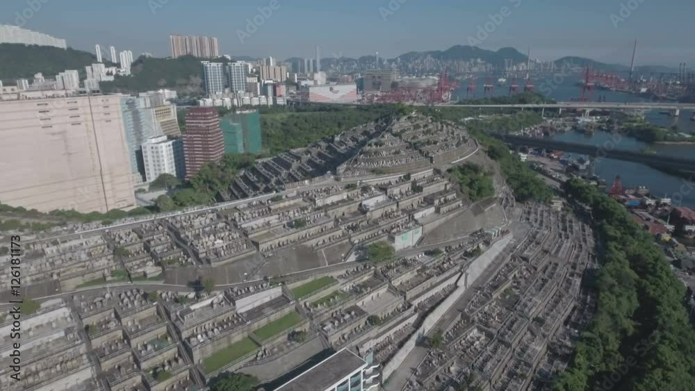 Sideways aerial shot of a peaceful cemetery in Hong Kong Sideways aerial shot of a peaceful cemetery in Hong Kong