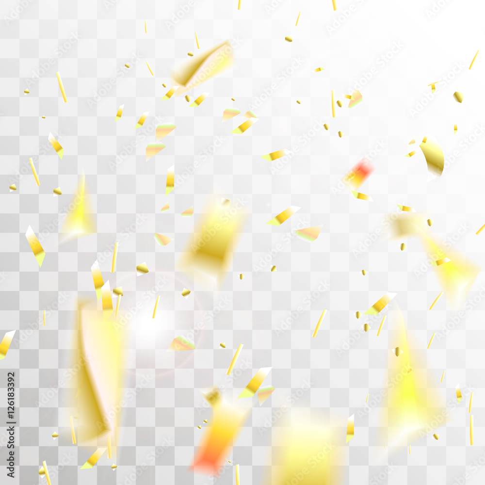Falling shiny confetti isolated on transparent checkered background