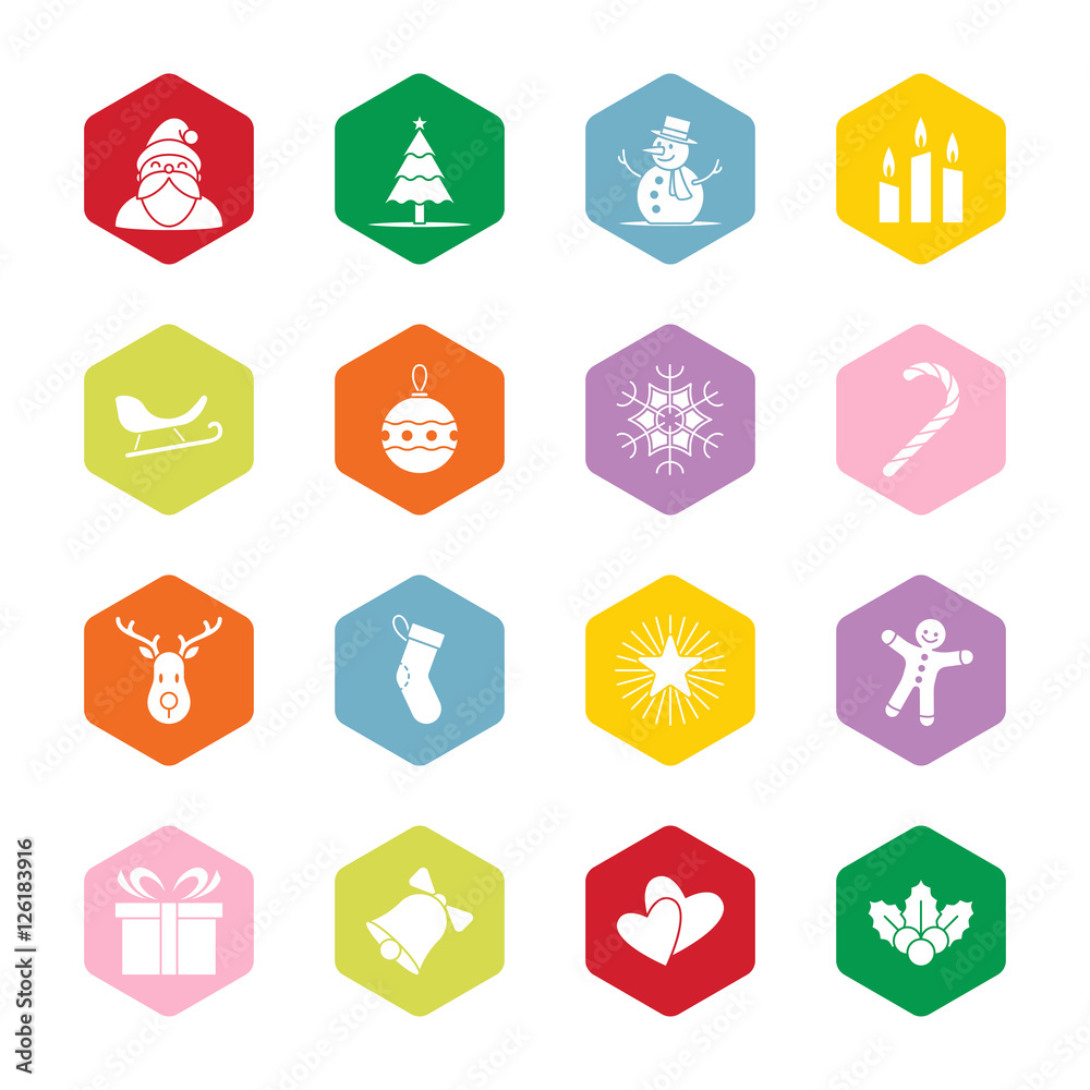 Christmas and new year icon set vector illustration - colorful hexagon