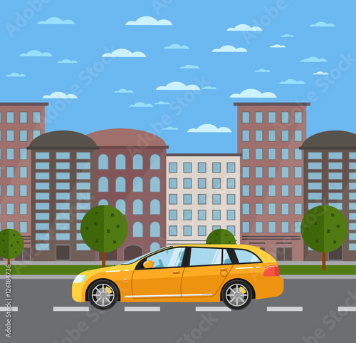 Yellow universal citycar on road in city vector illustration. Urban cityscape background with skyscrapers. Modern automobile. Family vehicle. People transportations concept in flat style.