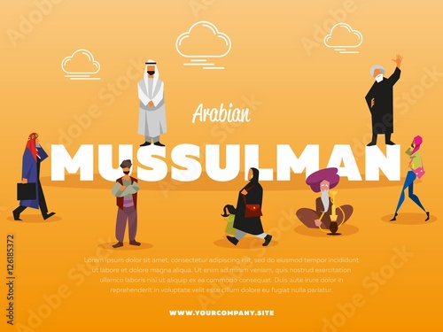 Arabian mussulman banner with people in national costume vector illustration. Islamic religious people. Man in white gown and woman in paranja. Muslim in traditional clothes doing different activities