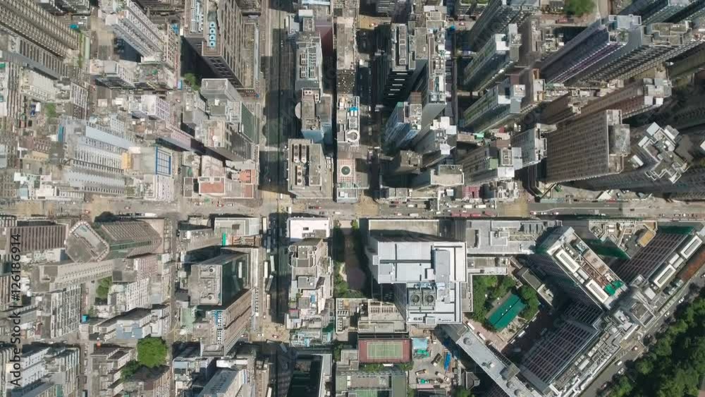 Overhead drone shot of streets buildings Hong Kong Overhead drone shot of streets buildings Hong Kong