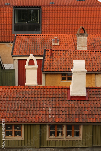 Red rooftops and colorful traditional houses in Kalmar