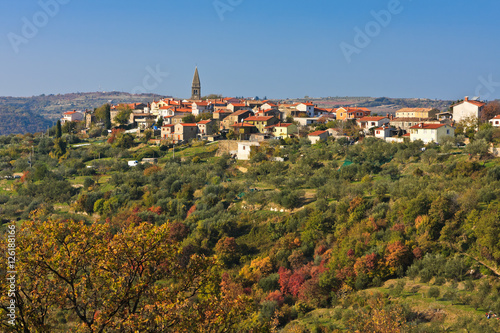 Typical old Istrian village Padna on a hill in autumn, Slovenia