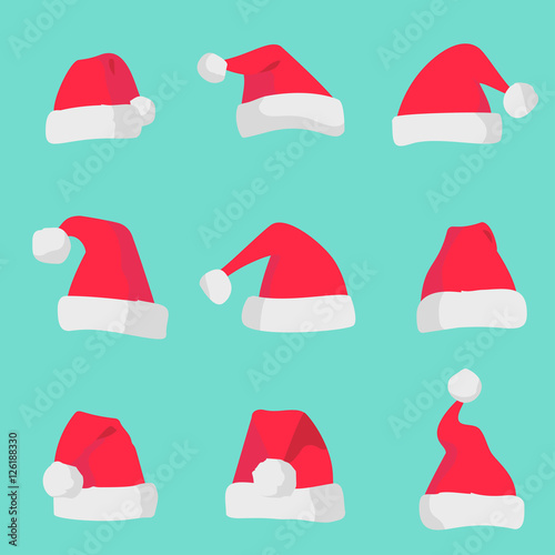 Red Santa Claus hats isolated on colorful background. Symbol of Christmas holiday. Vector santa hat set.