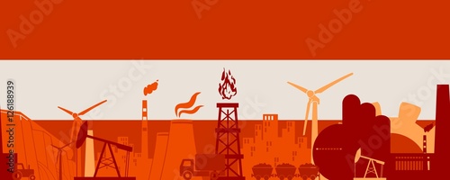 Energy and Power icons set on Austria flag backdrop. Header or footer banner. Sustainable energy generation and heavy industry. Vector illustration. Seamless background