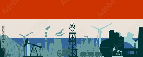 Energy and Power icons set on Netherlands flag backdrop. Header or footer banner. Sustainable energy generation and heavy industry. Vector illustration. Seamless background