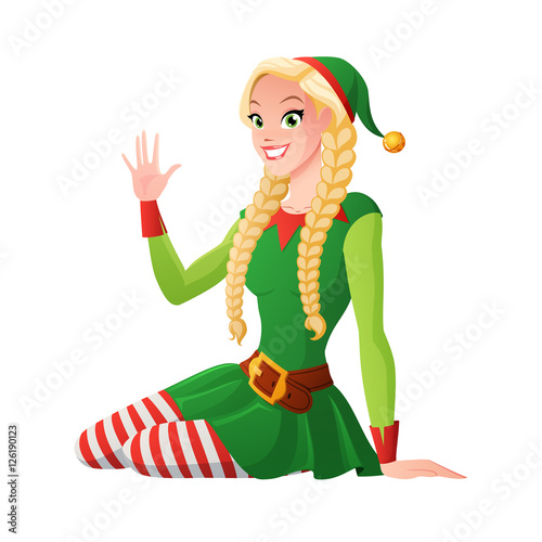 Pretty girl in Christmas elf costume greeting. Vector illustration.