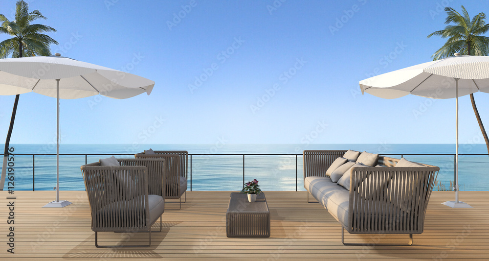 Obraz premium 3d rendering vintage beach armchair on wood terrace near sea in summer with umbrella 