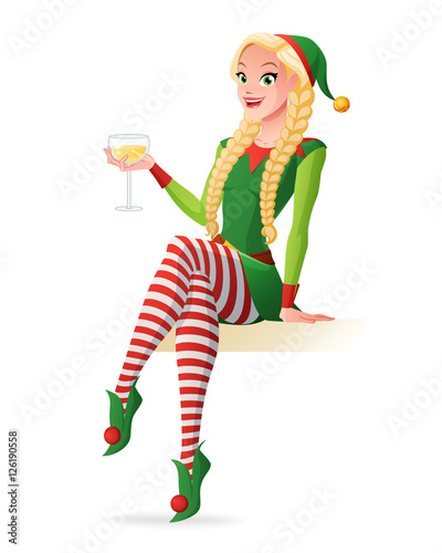 Woman in Christmas elf costume toasting with champagne. Vector illustration.