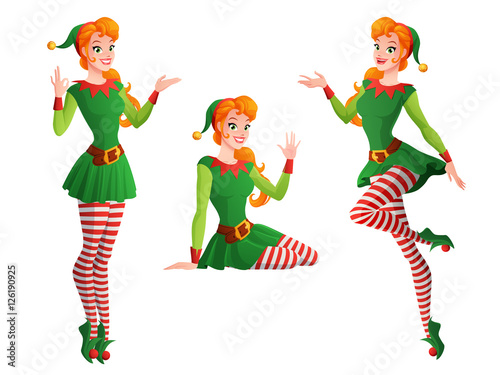 Pinup vector girl in Christmas elf costume in different poses.