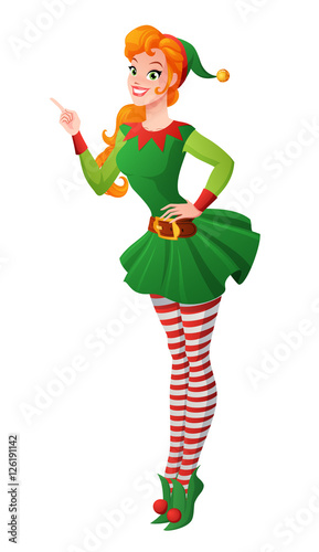 Pinup vector girl in Christmas elf costume finger pointing up.