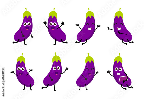 set of funny eggplant vegetable character cartoon