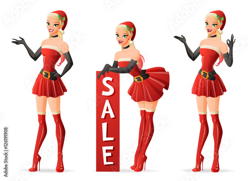 Beautiful girls in Santa costume in different poses. Vector set.