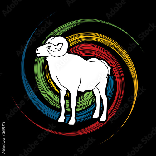 Sheep with big horn standing designed on spin wheel background graphic vector.