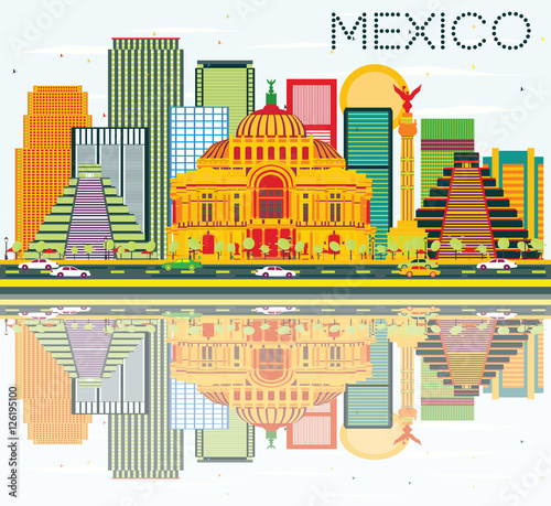 Mexico Skyline with Color Buildings, Blue Sky and Reflections.