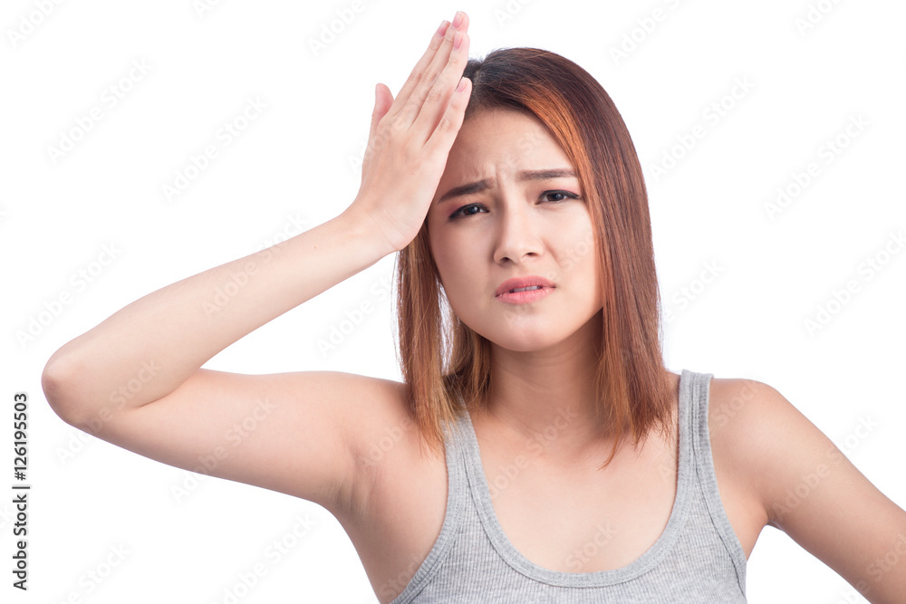 Portrait of exhausted asian young woman isolated on white. Portrait of exhausted asian young woman isolated on white.