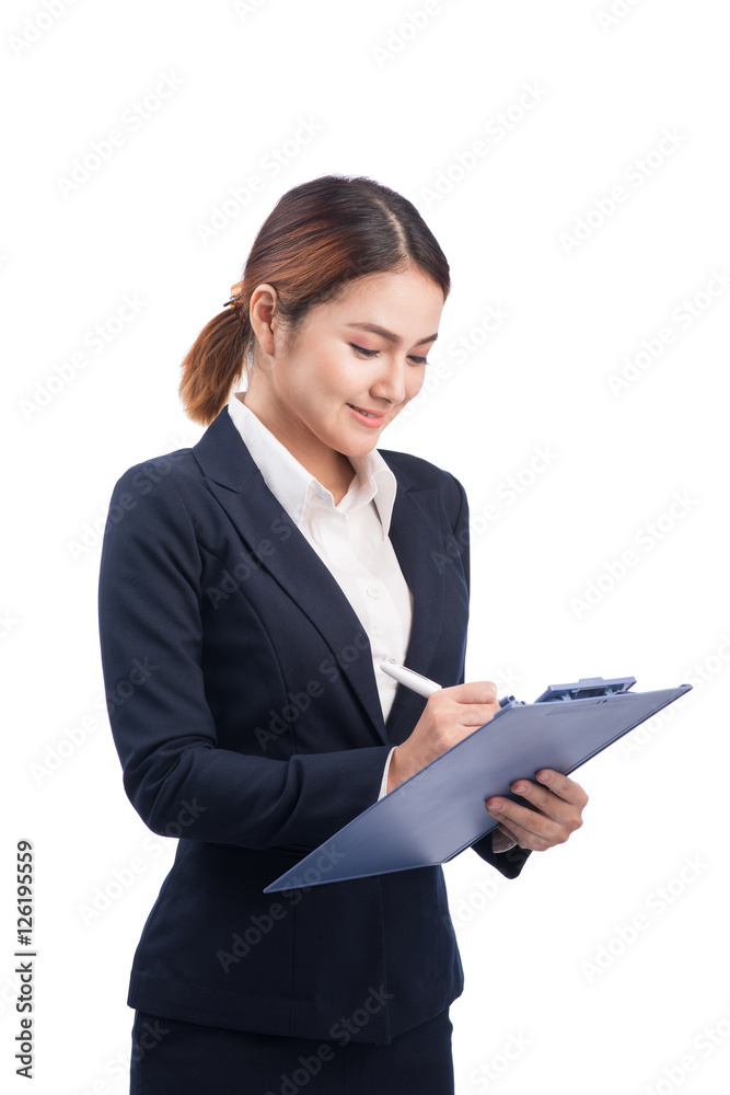 Portrait of young happy smiling asian business woman with blue f Portrait of young happy smiling asian business woman with blue f