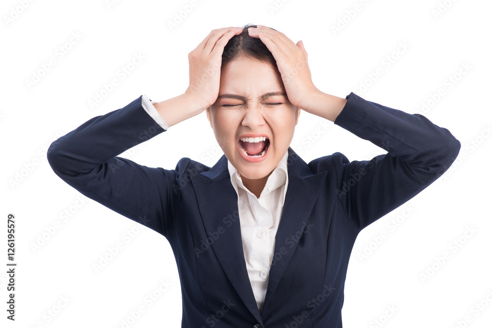 Portrait of exhausted asian businesswoman isolated on white. Portrait of exhausted asian businesswoman isolated on white.
