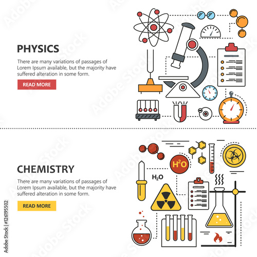 Science banner vector concepts in line style. Chemistry and Physics design elements  symbols  icons.