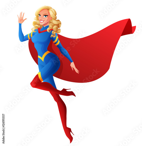 Beautiful sexy superhero woman flying and waving hand. Vector illustration.