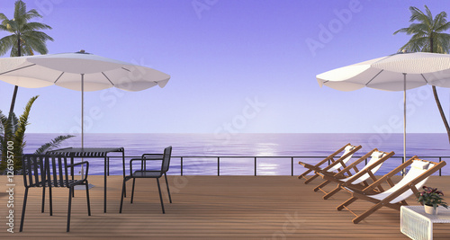 Fototapeta Naklejka Na Ścianę i Meble -  3d rendering nice beach dining set with bench on wooden terrace near sea