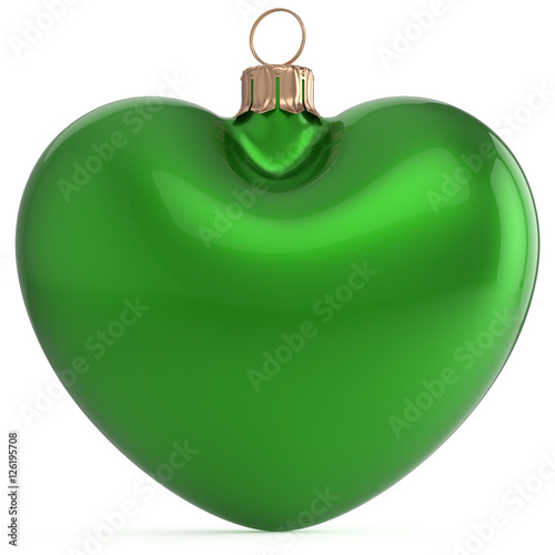 Christmas ball New Years Eve bauble green heart shape adornment decoration blank. Happy Merry Xmas traditional wintertime holiday ornament love romantic greeting card festive design element