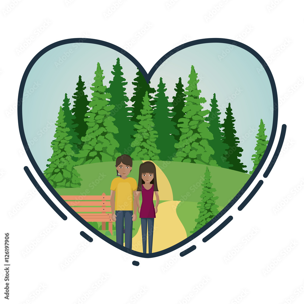 Woman and man cartoon inside heart with park background. Couple relationship family love and romance theme. Vector illustration