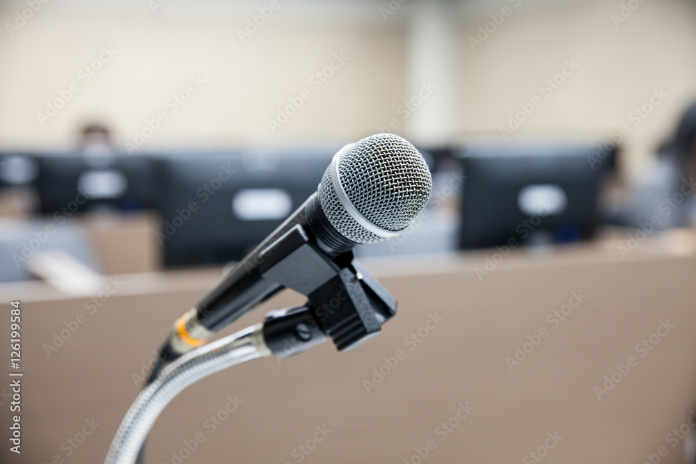 Fototapeta premium Microphone soft focus on blur abstract background lecture