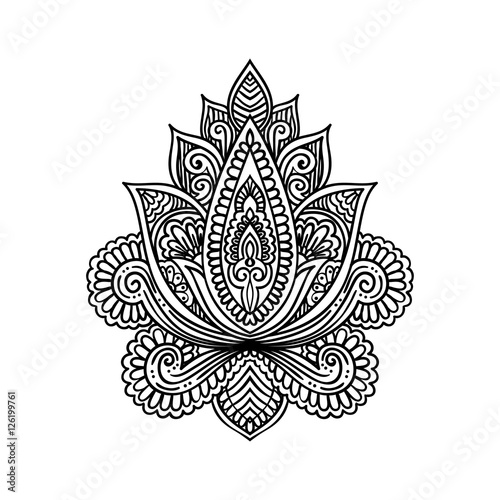 Vector ornamental Lotus flower, ethnic art, patterned Indian paisley. Hand drawn illustration. Invitation element. Tattoo, astrology, alchemy, boho and magic symbol.