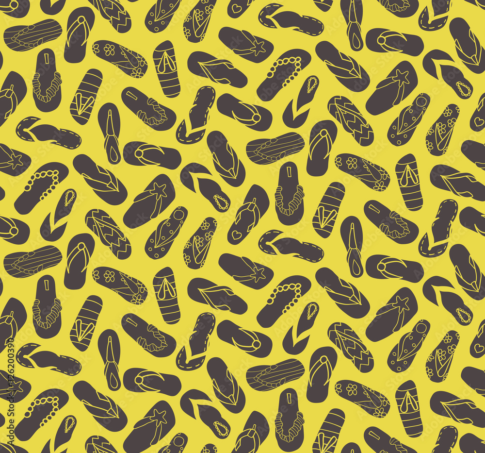 Seamless background with gray hand-drawn slippers on yellow background. Seamless background with gray hand-drawn slippers on yellow background.